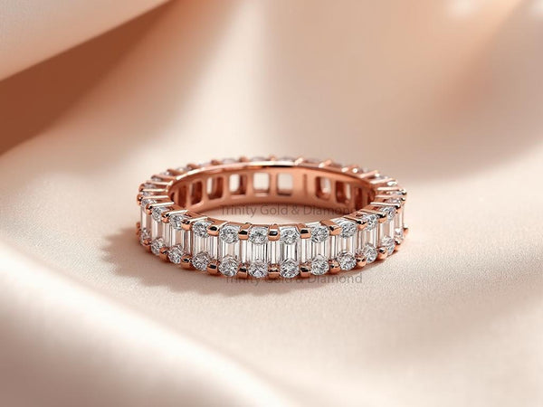 Baguette and Round Eternity Band Ring • Rose Gold Full Eternity Wedding Ring • Moissanite Anniversary Band • Gift for Her Jewelry