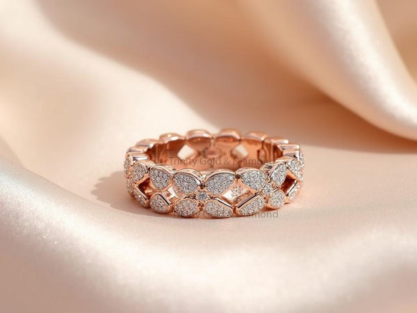 Floral Petal Eternity Band Ring • Rose Gold Diamond Statement Ring • Full Eternity Wedding Band • Romantic Gift Ring for Her