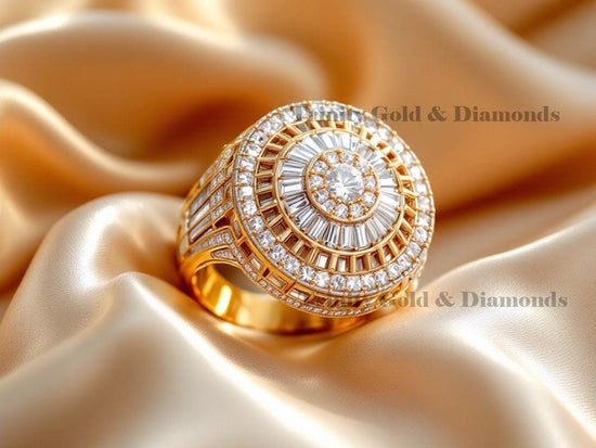 Men’s Gold Diamond Cluster Ring, Round Halo Baguette Statement Ring, Iced Out Wedding Band for Him, 14K Yellow Gold Plated Ring