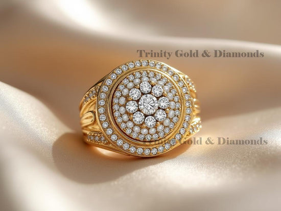 Men’s Cluster Diamond Ring in Gold, Round Floral Statement Ring, Hip Hop Iced Out Wedding Band, 14K Yellow Gold Plated Jewelry