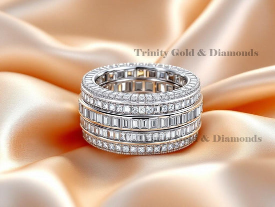 Men’s Eternity Band, Wide Baguette Diamond Ring, Hip Hop Silver Wedding Band, 5-Row Full Eternity Ring for Him