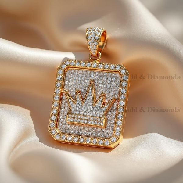 Gold Crown Pendant Necklace for Men, Iced Out Hip Hop King Jewelry, 14K Gold Plated Rectangle Medallion Chain, Statement Gift