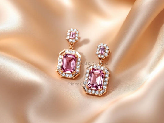 Vintage Style Pink Gemstone Drop Earrings • Rose Gold Halo Dangle Earrings • Elegant Bridal Jewelry • Handmade Gift for Her