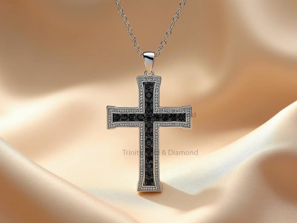 Black Diamond Cross Pendant Necklace Perfect Gift for Him  • Men's Religious Jewelry in Sterling Silver •  Hip Hop pendant- • • Statement