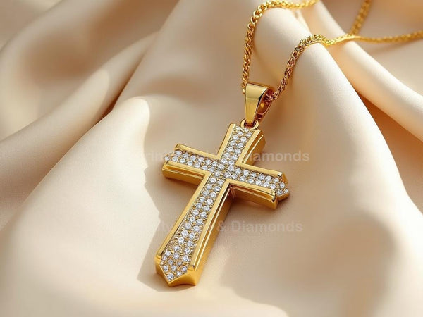 Bold Gold Cross Pendant Necklace with White Pavé Stones • Beveled Edge Christian Jewelry • Gift for Him • Statement Faith Chain
