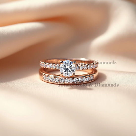 Moissanite Bridal Ring Set for Women, Rose Gold Engagement and Wedding Band, Solitaire Round Cut VVS Diamond Promise Ring