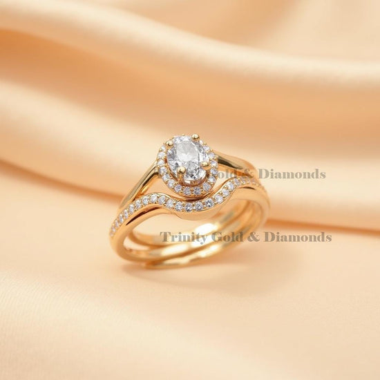Oval Halo Bridal Ring Set for Women, 18K Gold Plated Sterling Silver Curved Band Moissanite Engagement Ring Set, Handmade Jewelry Gift