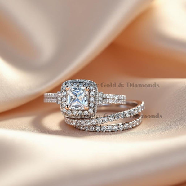 Princess Cut Halo Bridal Ring Set, Engagement Wedding Ring Set in Sterling Silver, 3 Band Moissanite Style Handmade Ring Set