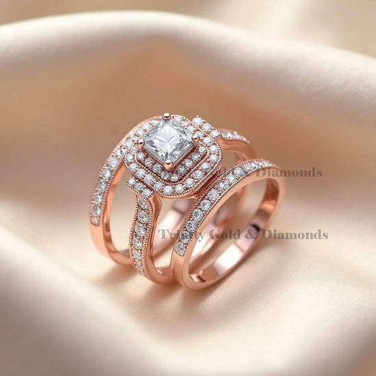 Trio Set • Princess Cut Rose Gold Bridal Ring Set • Square Moissanite Style Wedding Engagement Ring Set • Handmade Jewelry• Anniversary Gift