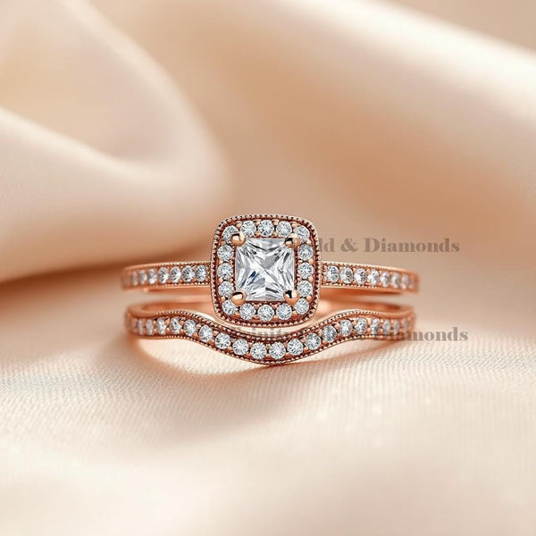 Princess Cut Rose Gold Bridal Ring Set, CZ Halo Engagement Ring with Curved Wedding Band, Handmade Sterling Silver Gift for Her