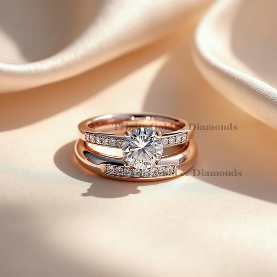 Round Cut Couple Band Bridal Ring Set, Lab Grown Diamond Rose Gold Engagement & Wedding Rings, Handmade Sterling Silver Jewelry for Her