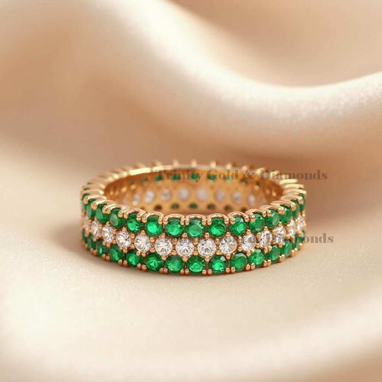 Triple Row Green Emerald & Diamond Eternity Band Ring, 18K Gold Over Sterling Silver, Statement Wedding Band, Handmade Jewelry