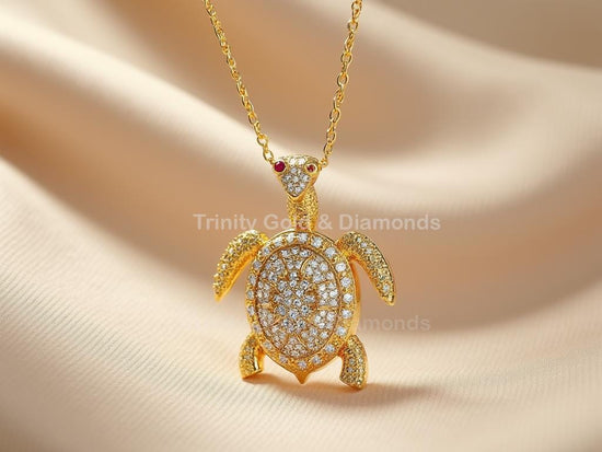 Gold Turtle Pendant Necklace with Diamond CZ and Ruby Eyes, 18K Gold Over Sterling Silver, Handmade Ocean Jewelry, Gift for Her