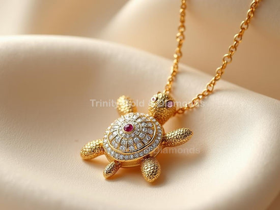 Baby Gold Turtle Pendant Necklace with Red Ruby Shell & Eyes, Diamond Moissanite Accents, Handmade Animal Jewelry, Gift for Her