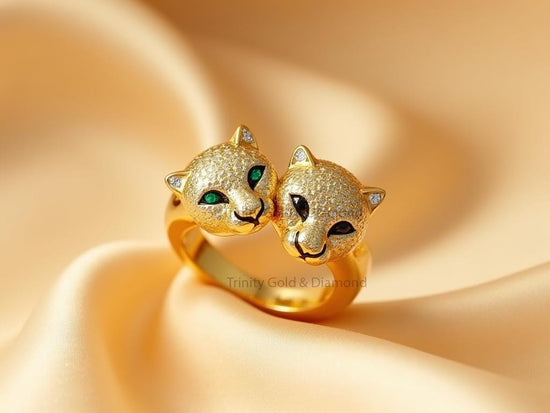 Pave Panther Ring • Double Panther Head Wrap Ring • Gold Animal Jewelry • Green Eyes & Black Enamel • Adjustable Statement Ring for Her