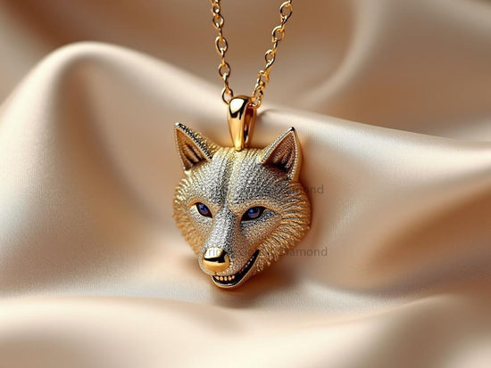 Gold Wolf Necklace with Blue Eyes • Fierce Animal Pendant • Textured Snarl Wolf Head • Spirit Totem Jewelry • Bold Gift for Him or Her