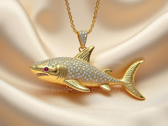 Gold Shark Pendant Necklace • Pave Diamond Shark Charm • Ruby Eye Ocean Jewelry • Nautical Animal Pendant • Handmade Gift for Him or Her