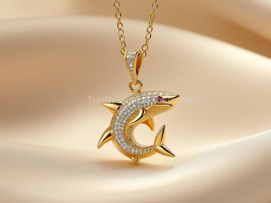 Circular Shark Pendant Necklace • Gold Shark Wrap Charm • Pave Diamond & Ruby Eye Ocean Jewelry • Unique Nautical Gift for Him or Her