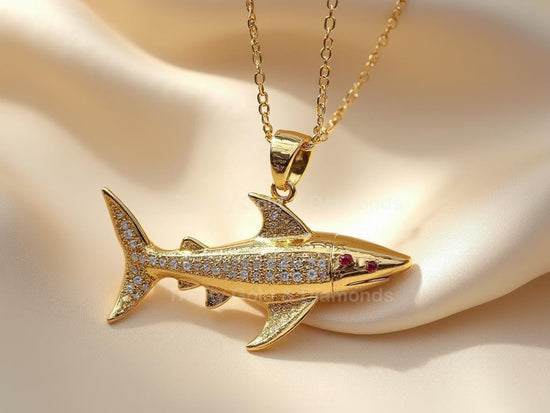 Gold Shark Pendant Necklace • Streamlined Pavé Shark Charm • Double Ruby Eye Ocean Jewelry • Sea Animal Gift • Handmade Nautical Necklace