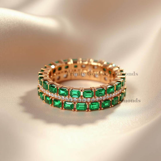 Triple Row Emerald Eternity Band Ring, Gold Plated Full Eternity Statement Ring, Stacked Green Wedding Band, Gift for Her