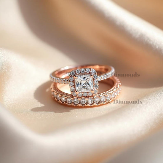 Princess Cut Moissanite Halo Bridal Set Ring, Rose Gold Wedding Engagement Ring Set, Cushion Halo Bridal Ring, Dainty Promise Rings