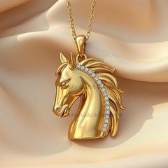 Horse Head Pendant Necklace in 14K Gold Plated, Equestrian Jewelry with Diamond Accents, Handmade Gift for Men & Women, Animal Lover Jewelry