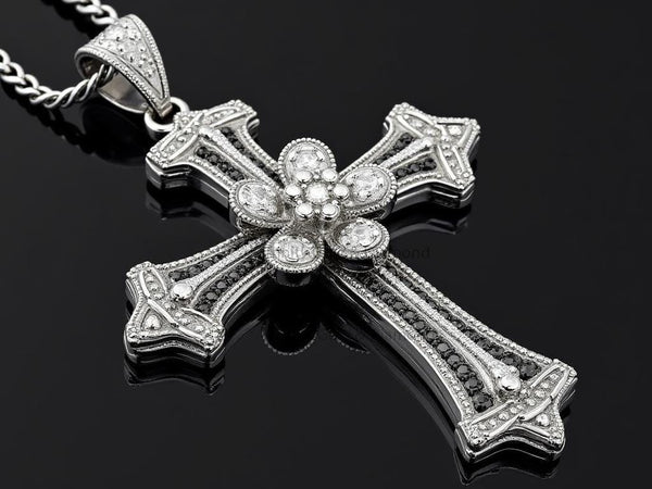 Gothic Cross Pendant Necklace in Sterling Silver, Black  White CZ Vintage Flower Cross Charm, Handmade Religious Jewelry Gift for Him or Her