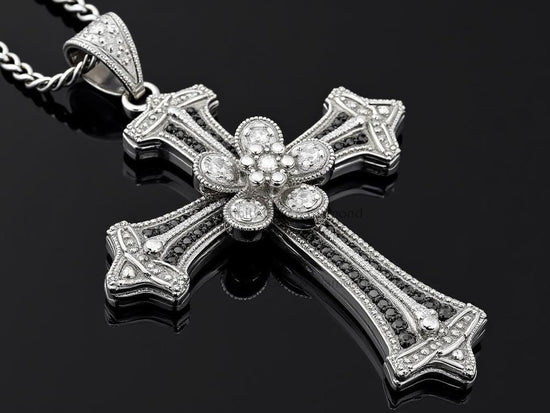 Gothic Cross Pendant Necklace in Sterling Silver, Black  White CZ Vintage Flower Cross Charm, Handmade Religious Jewelry Gift for Him or Her