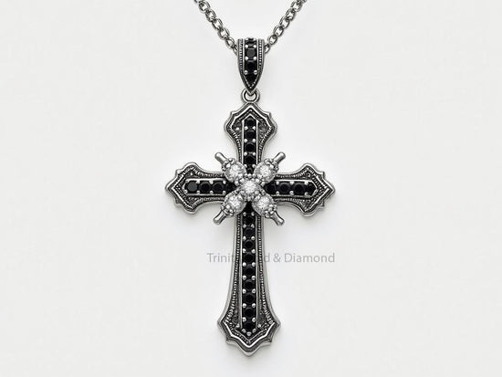 Antique Black & White Cross Pendant • Silver Gothic Christian Necklace • Handmade Vintage Religious Jewelry for Men And Women
