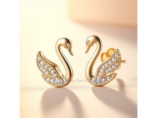 Swan Stud Earrings for Women, Gold Plated Bird Design with CZ, Elegant Animal Jewelry, Gift for Her, Romantic Nature-Inspired Studs