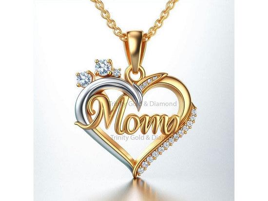 Mom Heart Pendant Necklace with Moissanite, 14k Gold & Silver Plated on 925 Silver, Jewelry Gift for Mom from Daughter