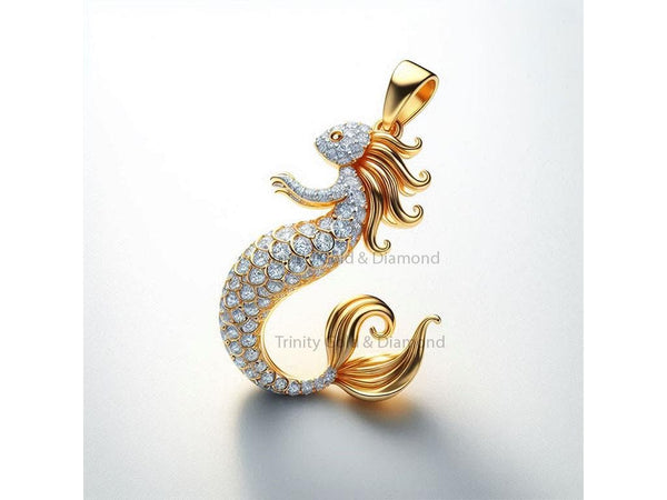 Mermaid Pendant Necklace for Women, Moissanite Diamond Gold Pendant, 14k Gold Plated on 925 Silver, Ocean Fantasy Jewelry Gift