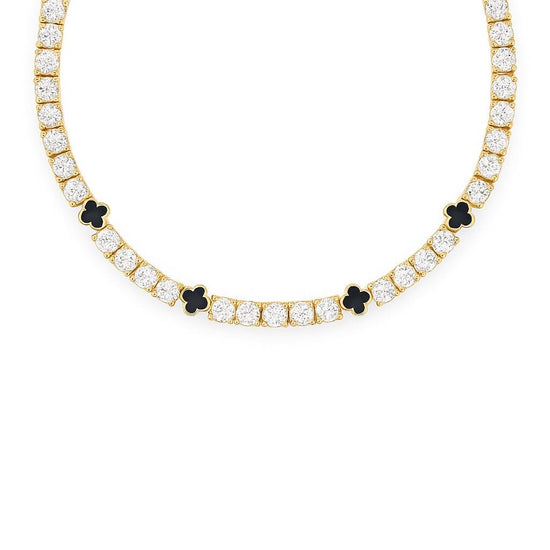 Black Clover Diamond Tennis Necklace • 14K Gold Over Sterling Silver • Elegant Lucky Charm Necklace • Minimalist Dainty Gift for Her