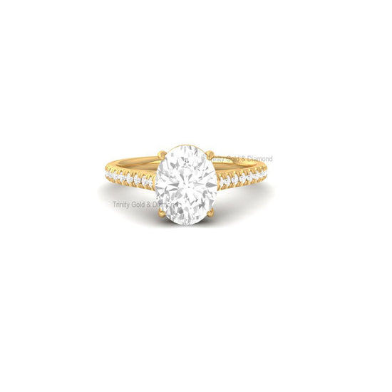 Oval Moissanite Solitaire Engagement Ring, 14KT Solid Yellow Gold, Dainty Pavé Band, Handmade Wedding Ring, Minimalist Ring for Her