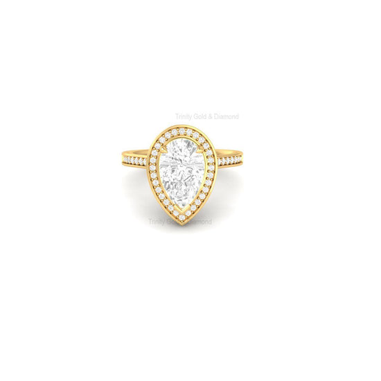 Pear Halo Lab Diamond Engagement Ring, 14KT Solid Yellow Gold, Pave Band, Handmade Bridal Ring, Teardrop Solitaire Ring for Her