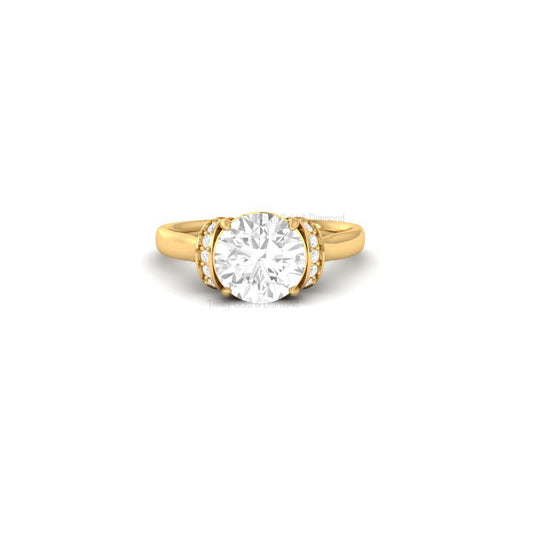 Round Lab Diamond Engagement Ring, 14KT Solid Yellow Gold, Double Pavé Accent Arches, Handmade Statement Ring for Her