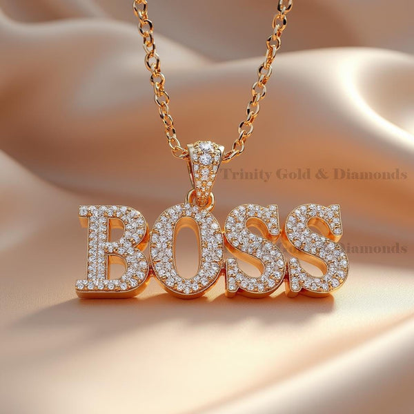 BOSS Pendant Necklace for Men or Women, 925 Silver Diamond  Letter Chain in Gold Finish, Hip Hop Bling Jewelry, Bold Gift for Bosses
