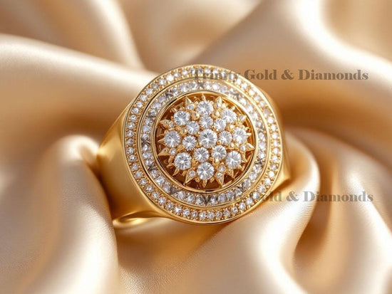 Men’s Floral Cluster Diamond Ring, Round Halo Gold Ring, 14K Gold Plated Wedding Band, Iced Out Statement Ring, Gift for Him