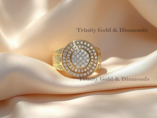 Men’s Round Cluster Ring, Iced Out Diamond Pavé Ring, 14K Gold Plated Halo Ring, Statement Wedding Band for Him, Gift Jewelry