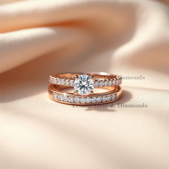 Moissanite Bridal Ring Set for Women, Rose Gold Engagement and Wedding Band, Solitaire Round Cut VVS Diamond Promise Ring