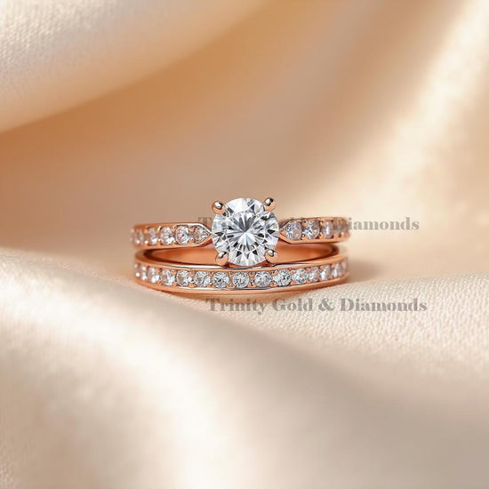 Moissanite Bridal Ring Set, Solitaire Engagement Ring and Matching Band, Rose Gold Plated Sterling Silver Wedding Ring Set for Her