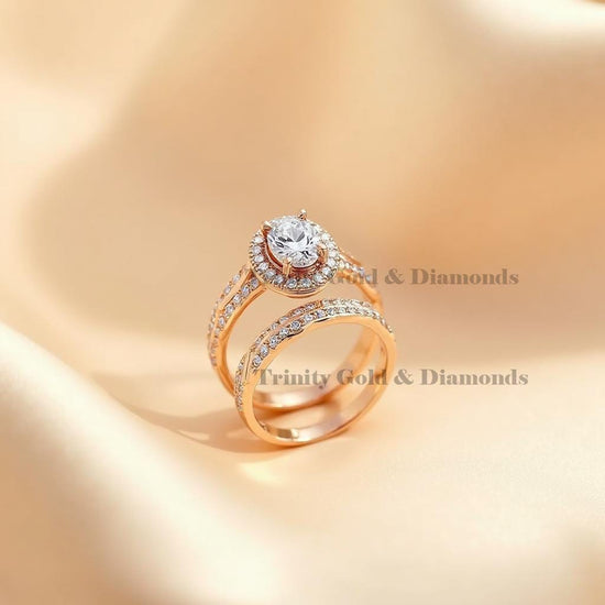 Round Halo Moissanite Bridal Ring Set, Rose Gold Engagement and Wedding Band Set for Women, Handmade Solitaire Ring Set