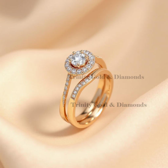 Round Halo Bridal Ring Set for Women in 18K Gold Plated Silver, Moissanite Engagement Ring & Matching Curved Wedding Band, Handmade Gif
