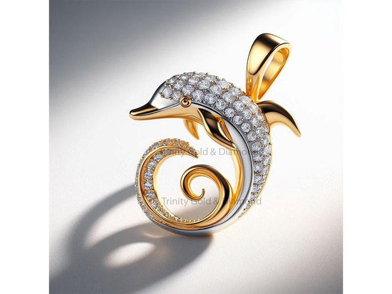 Dolphin Pendant Necklace with Moissanite Diamonds, 925 Sterling Silver with Gold Finish, Ocean-Inspired Jewelry Gift for Her