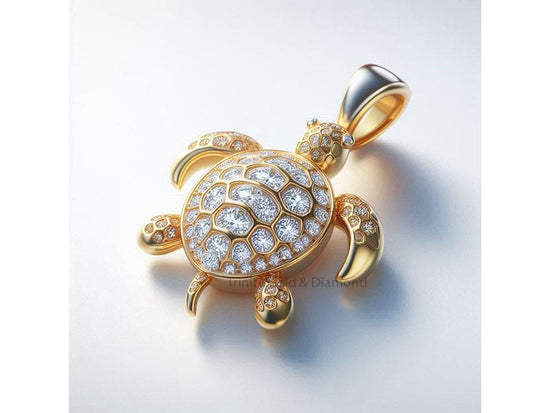Gold Turtle Pendant with Lab Grown Diamonds, 925 Sterling Silver Sea Turtle Necklace, Ocean Animal Jewelry Gift for Her