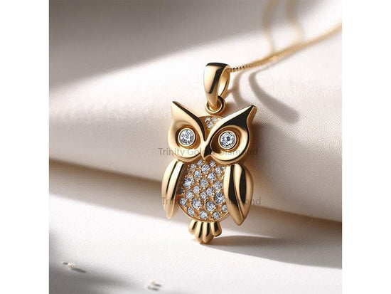 Owl Pendant with Lab Grown Diamonds, 925 Sterling Silver Gold Plated Necklace, Animal Jewelry for Women, Gift for Her