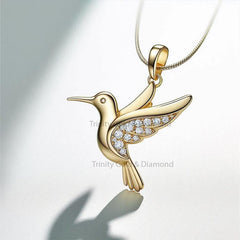 Hummingbird Pendant Necklace with Lab Grown Diamonds, 925 Sterling Silver Gold Plated Bird Charm Gift for Her