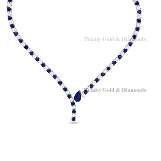 Lab Grown Diamond Blue Sapphire Necklace, White Gold Plated Y Drop Tennis Necklace, September Birthstone Jewelry for Her