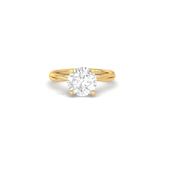 Round Lab Grown Diamond Solitaire Engagement Ring, Twisted Band Gold Ring for Her, Dainty Handmade Proposal Jewelry