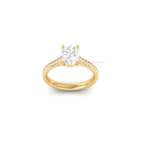 Oval Cut Lab Grown Diamond Engagement Ring | Gold Finish Solitaire Ring with Pave Band | Bridal Ring for Her | Elegant Proposal Ring